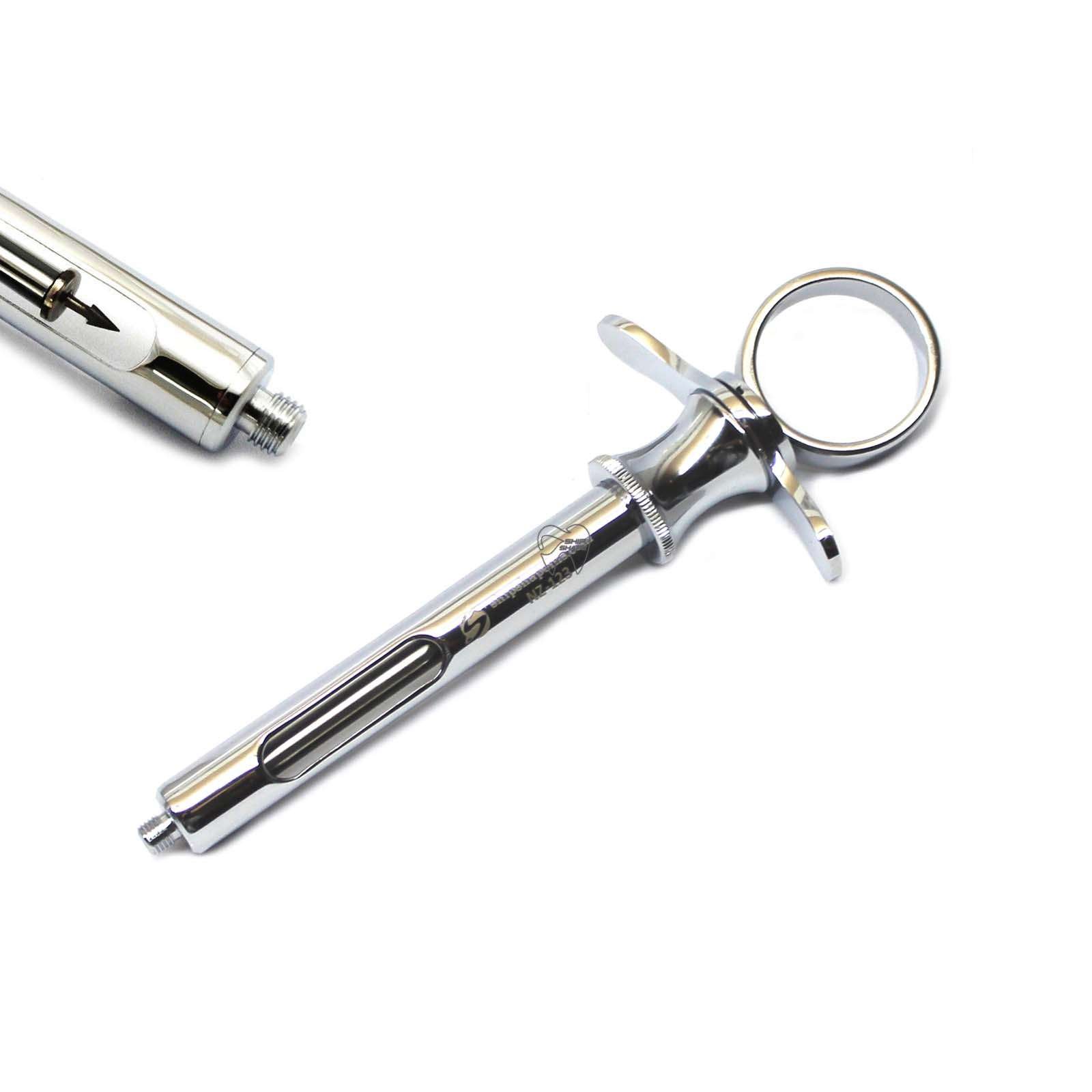 thumbnail interactive-video image 1 of Dental Syringe 1.8ml Self-Aspirating Cartridge – Silver & RED, Stainless Steel By ODONTOMED 1 of 5