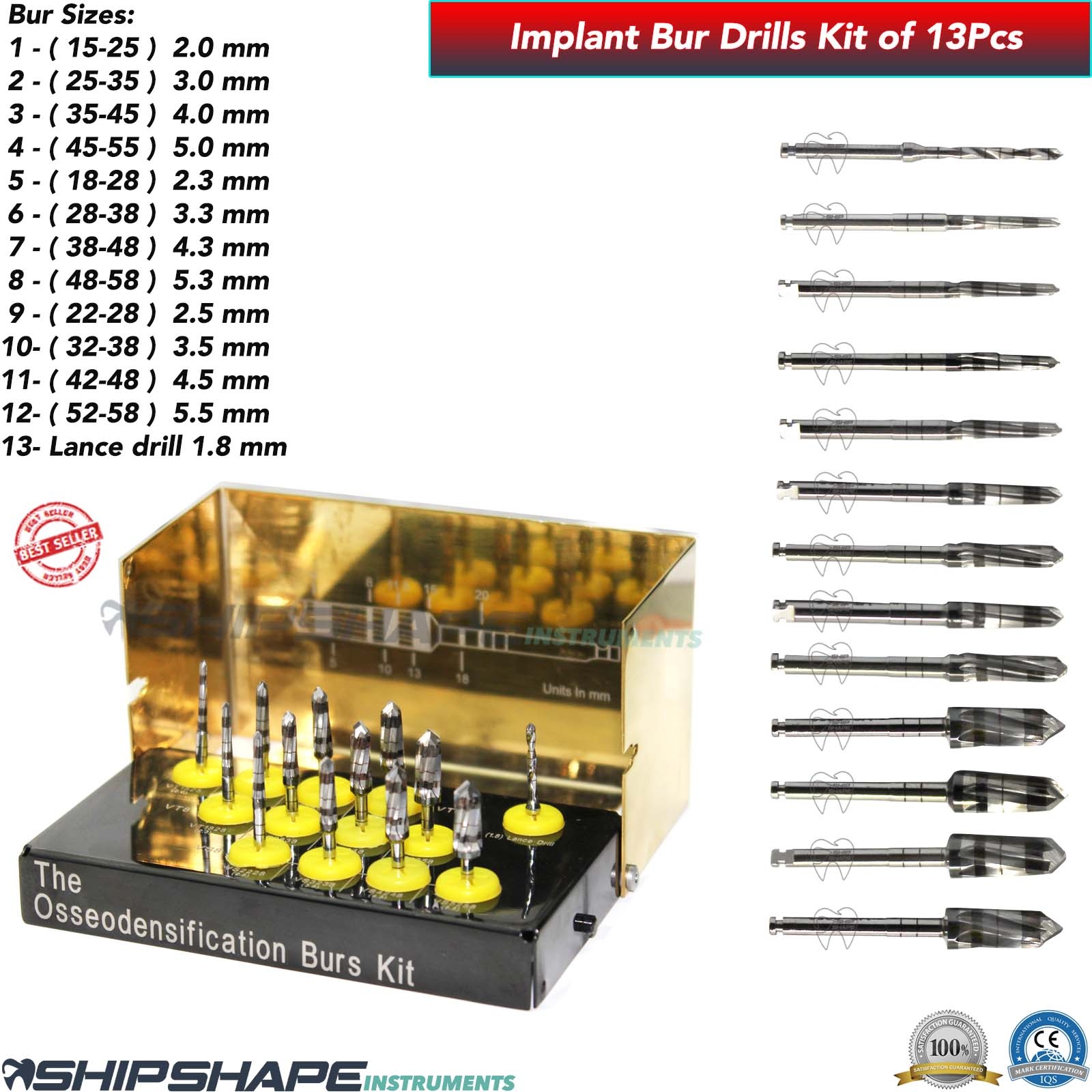 Bur Drills Kit Titanium Coated Dental Implant Universal Burs Drill Set of 13 Pcs Kit $179.00 Only-1554